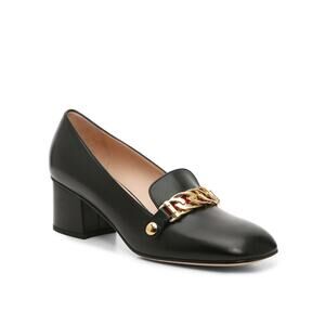 Gucci Sylvie Loafer in Black Leather Gold Tone Chain Signature Grosgrain Sz 35.5